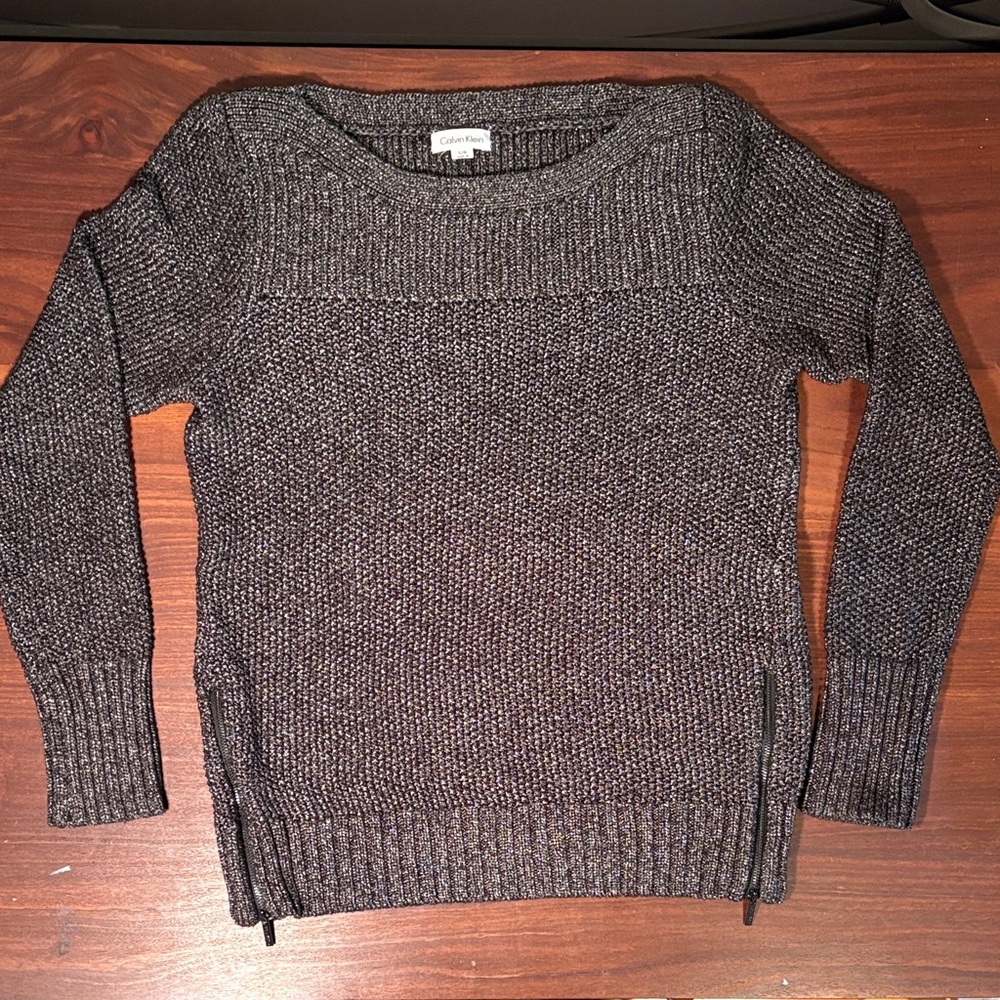 Calvin Klein Shimmering black metallic Sweater size L two accent zipper on side